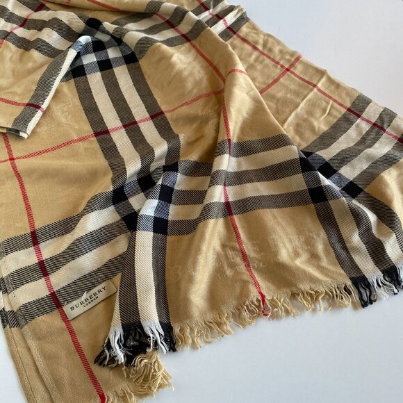 Burberry London Nova Check Beige Scarf Silk Blend Fringed Edge Lightweight - Picture 11 of 11